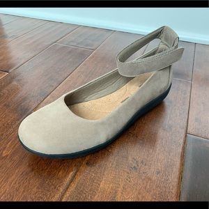 CLARKS Taupe Sueded Velcro Strap Comfort Maryjanes